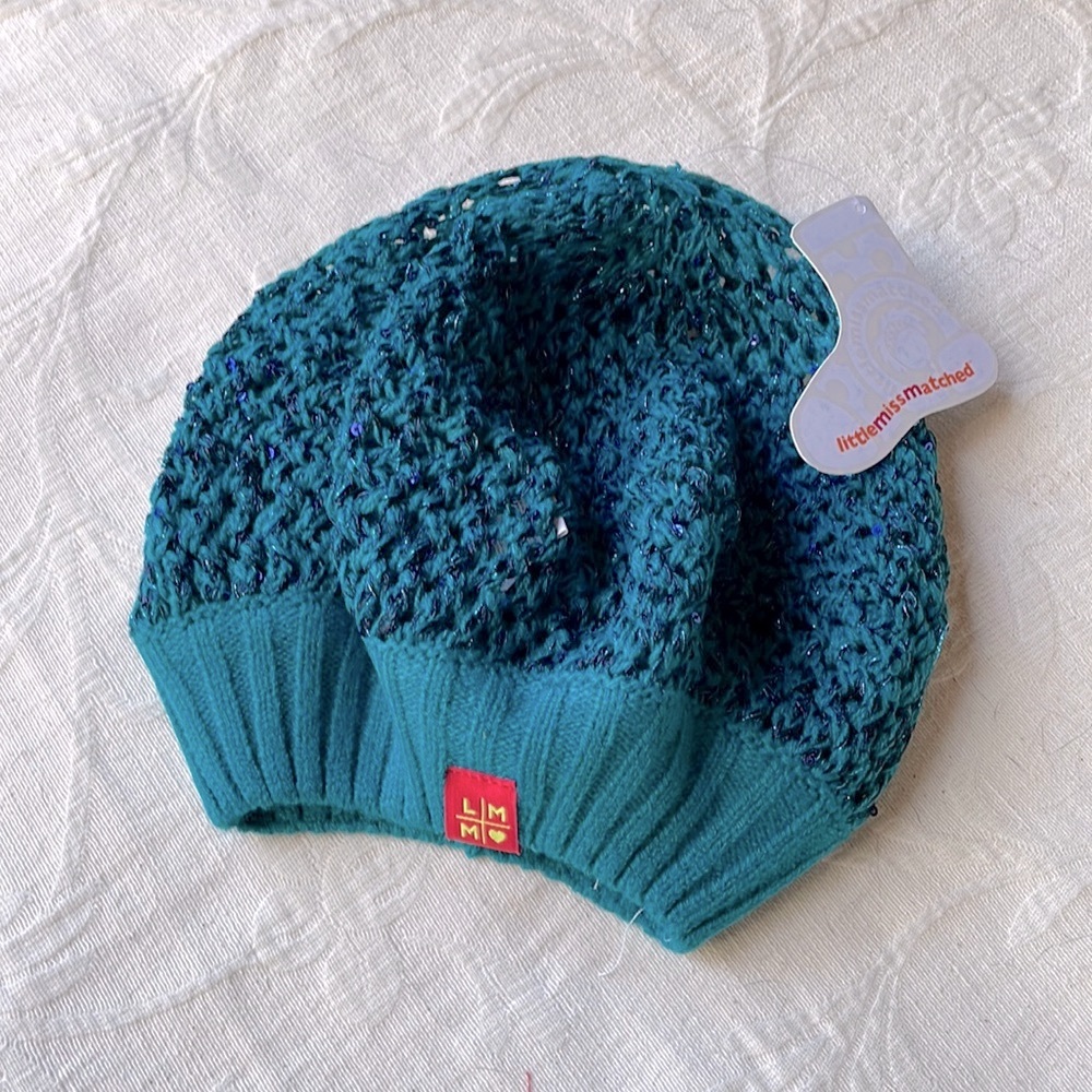 Slouchy Beanie Knit Beret Hat - Teal Green Navy Sequin - Little Miss Matched Y2K